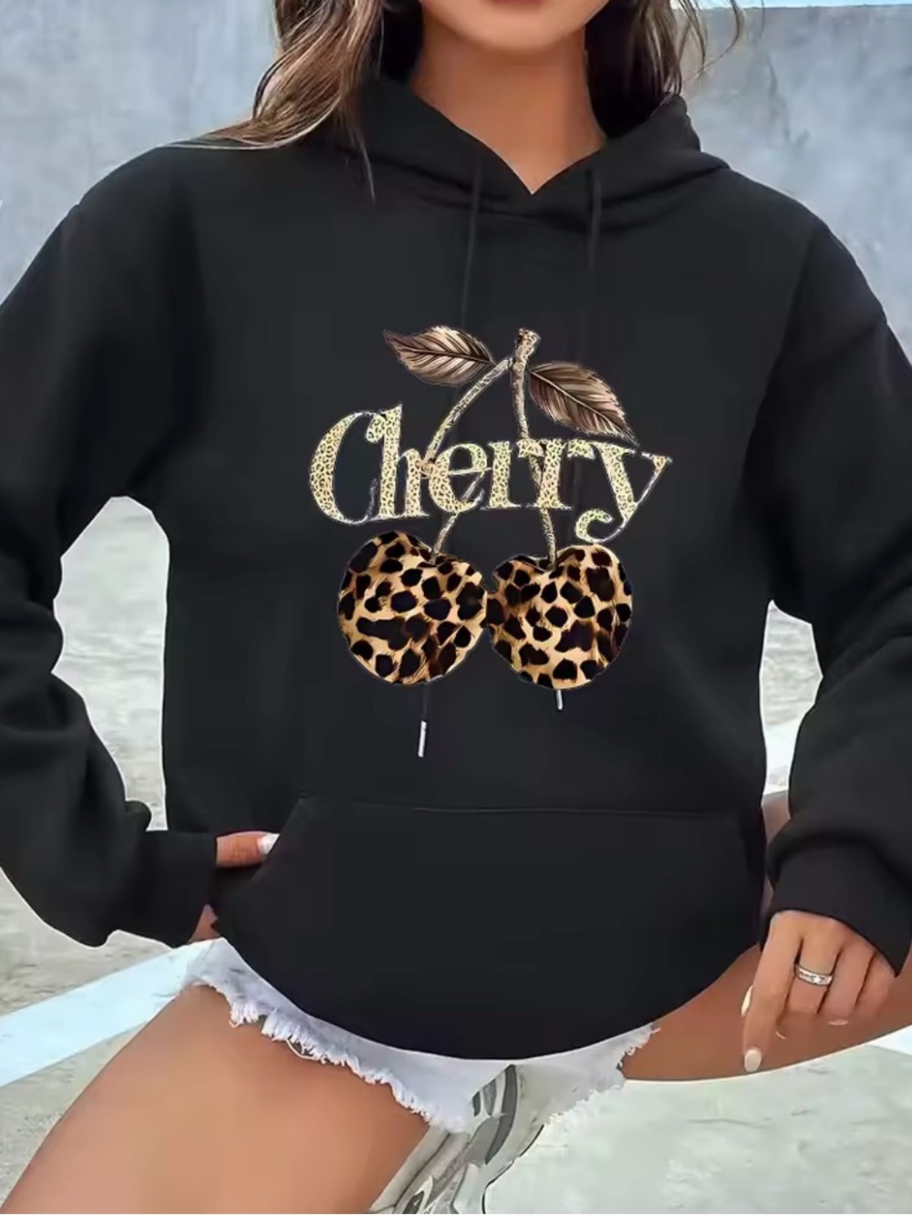 Cherry Graphic Leopard Print Hoodie - Black